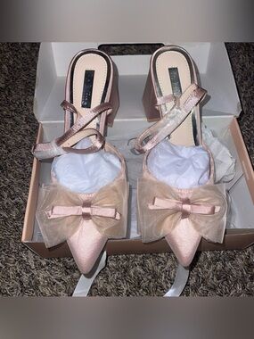 Be Mine Blush Pink Satin Pointed-Toe Mule Heels with Tulle Bow